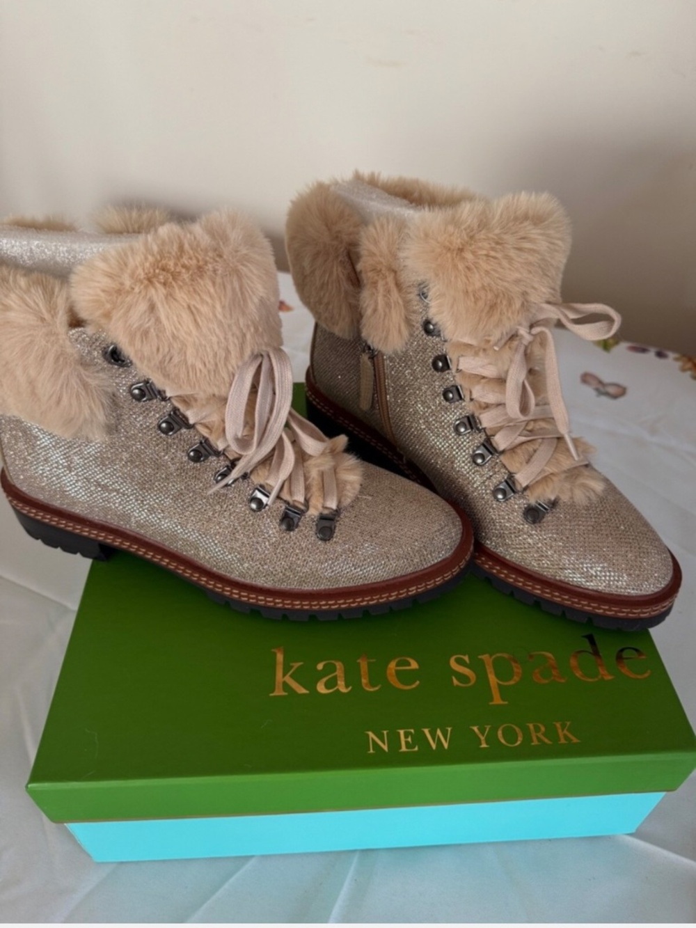 KATE SPADE ROSALIE GOLD SPARKLE GLITER BOOTIES, 8.5 M, NEW